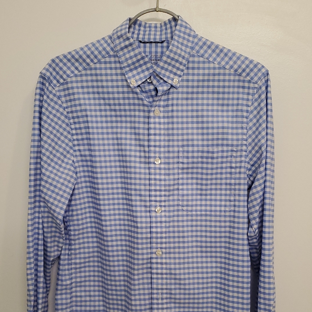 Vineyard Vines Mens Blue Gingham On The Go Performance Cotton Shirt